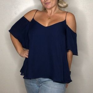NWT HAUTE HIPPIE Navy Cold Shoulder Blouse Sz L